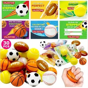 30 Pack Sports Valentines Cards Gifts for Kids School With Foam Stress Ball